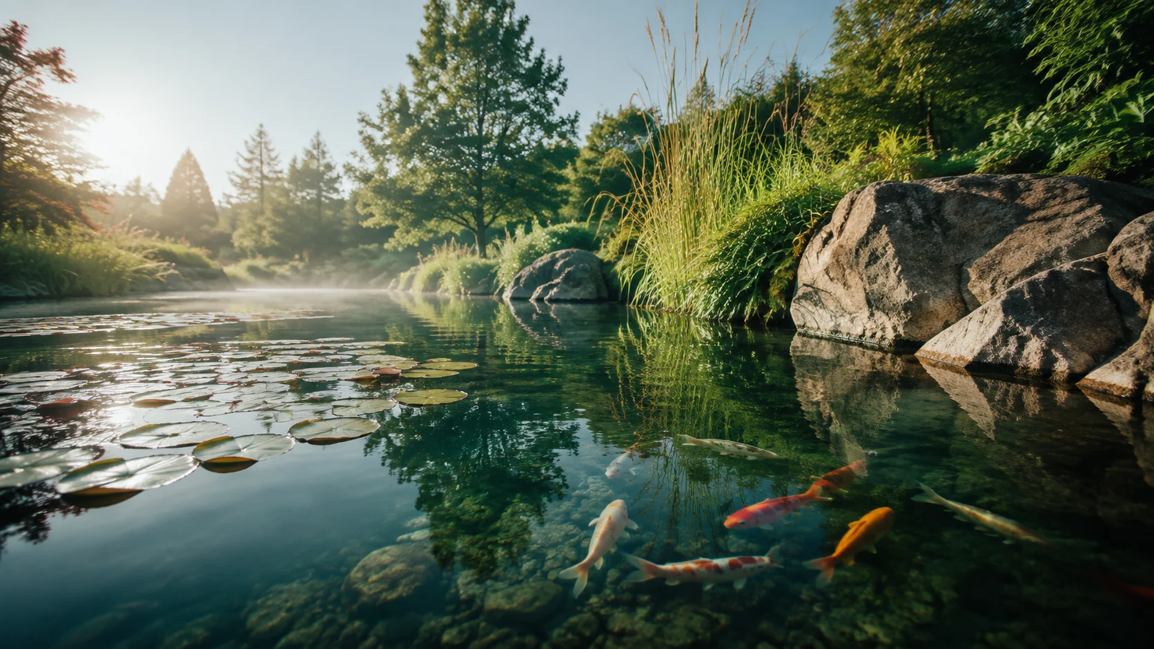 Illustration eines Gartenteichs mit Koi und bepflanztem Ufer